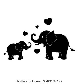 Cute elephants expressing love with hearts around them in a playful design