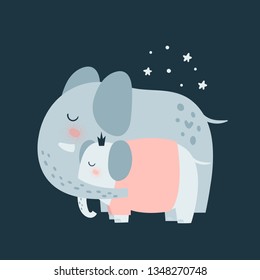 Cute elephants family. Mother and baby. Best mom ever.Sweet dreams little one. Cartoon character illustration for kids game, book, t-shirt, card, print, poster and decoration. Vector clipart