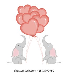 Cute elephants with hearts for Valentine's Day in cartoon style.