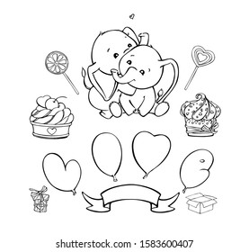 Cute elephants hugging, on the background of balloons, cakes, sweets gifts. Vector, commercial illustration drawn by hand. Vector set, on isolated background for Valentine's day