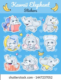 Cute elephants kawaii cartoon vector characters set. Adorable and funny animal different poses and emotions isolated sticker, patch. Anime baby boy elephants emoji on blue background