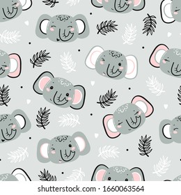 Cute Elephants. Little Baby Elephant Face And Tropical Leaves Floral Seamless Pattern. Kawaii Animal Heads Vector Childish Background For Kids Fashion Design. Print For Nursery Wallpaper, Baby Shower