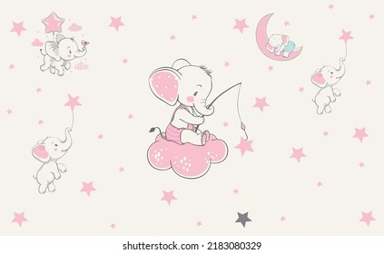 cute elephants in the moon and stars