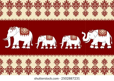 Cute elephants pattern with a playful design ,damask pattern,thai pattern, traditional ethnic, floral, fabric pattern for textiles,wallpaper, clothing, sarong, batik, wrapping, embroidery, print,thai