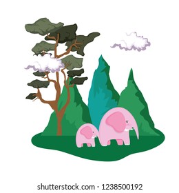 cute elephants pink couple in the landscape