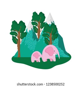 cute elephants pink couple in the landscape