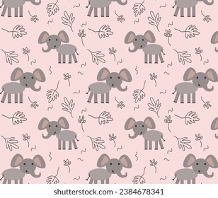 Cute elephants seamless pattern. Vector illustration in flat style.  Wrapping paper, fabric, textile. Baby print.