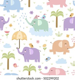 Cute elephants seamless pattern. Vector texture in childish style great for fabric and textile, wallpapers, web page backgrounds, cards and banners design