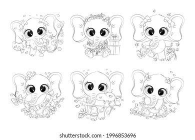 elefantes de color para seis páginas coloreadas al estilo de las caricaturas. Los animales tienen ojos hermosos y sonrisas lindas. Animales divertidos para los niños coloreando libros, para niños y niñas.