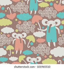 Cute elephants in the sky texture. Seamless vector pattern with umbrellas.