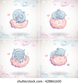 Cute elephants, sleeping on the cloud. Can be used for holiday card design.