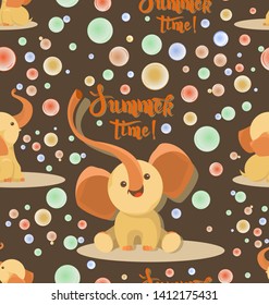Cute elephants with soap bubbles. Summer time. Seamless pattern. Brown background. Little elephants play on a beautiful summer day. Design children's textiles and packaging materials.