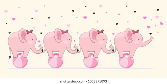 Cute elephants stick together standing on ball. Children's graphics.
