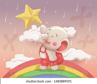 cute elephants trying to catch a star. vector hand drawn cartoon art style.