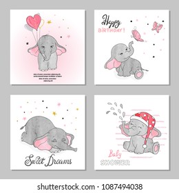 Cute Elephants vector illustrations. Set of birthday greeting cards, posters, prints.