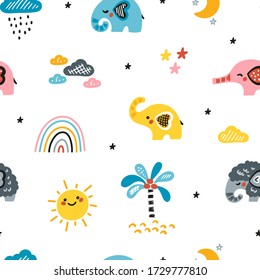 Cute Elephants Vector Seamless Pattern. Weather Elements Patterns, Baby Elephants and Little Mammoth. Doodle Cartoon Animals. Colorful Background for Kids. Children's wallpaper