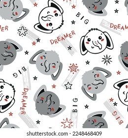 Cute Elephants Vector Seamless Pattern. Little Baby Elephant and Stars. Baby Funny Animals.