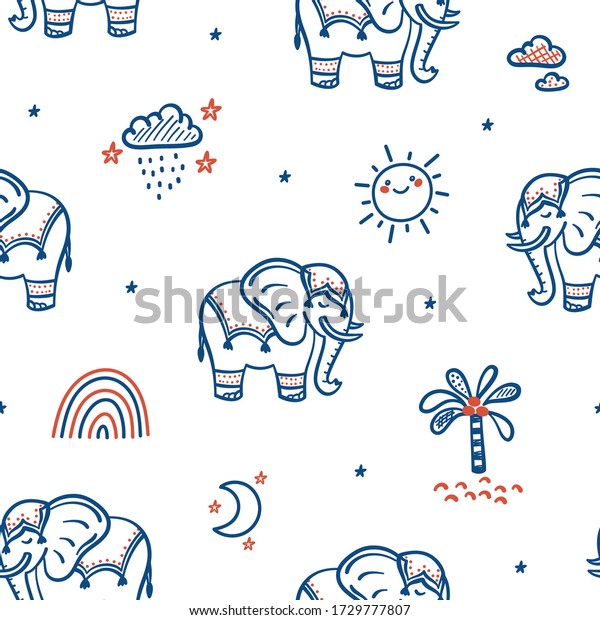 Cute Elephants Vector Seamless\
Pattern. Weather Elements Patterns and Baby Elephants. Doodle\
Cartoon Animals Background for Kids. Children\'s\
wallpaper