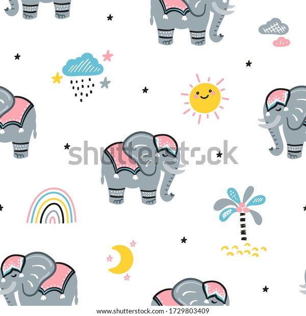Cute Elephants Vector Seamless\
Pattern. Weather Elements Patterns and Baby Elephants. Doodle\
Cartoon Animals Colorful Background for Kids. Children\'s\
wallpaper