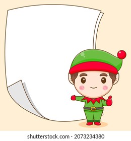 Cute elf with blank paper chibi cartoon character