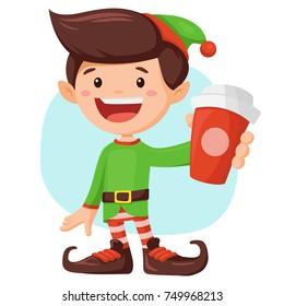 Cute elf boy holding cup of Christmas coffee or tea. Christmas hot drinks background cartoon illustration.