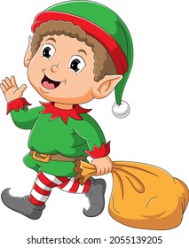 The cute elf boy is waving and holding the sack of illustration