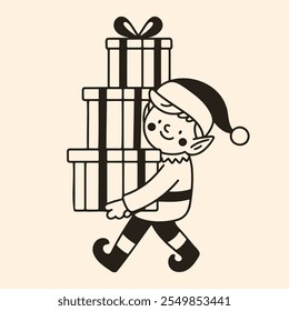 cute elf carrying Christmas presents, Happy New Year doodle illustration