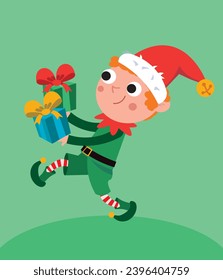 Cute elf carrying presents for children. Father Christmas' workshop. Winter Christmas holidays. Vector cartoon isolated illustration for design. 