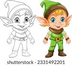 Cute Elf Cartoon Character Outline for Colouring illustration