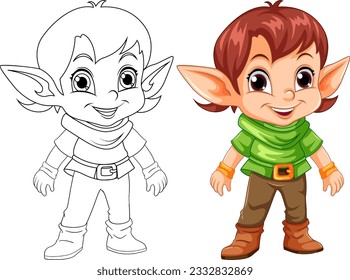 Cute Elf Cartoon Character Outline for Colour Illustration