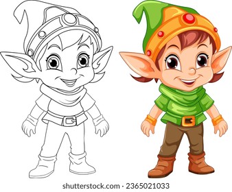 Cute Elf Cartoon Character Outline for Colouring illustration