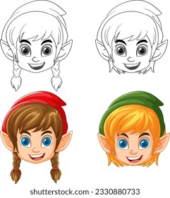 Cute elf cartoon doodle outline illustration