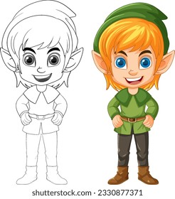 Cute elf cartoon isolated doodle outline illustration