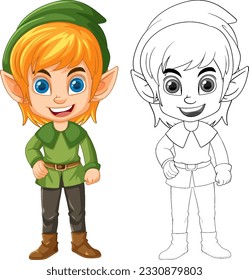 Cute elf cartoon isolated doodle outline illustration