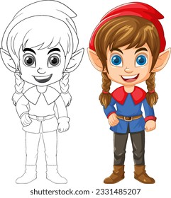 Cute elf cartoon isolated doodle outline illustration