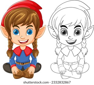 Cute elf cartoon isolated doodle outline illustration