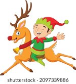 Cute elf cartoon riding a reindeer