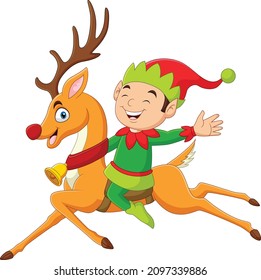 Cute elf cartoon riding a reindeer