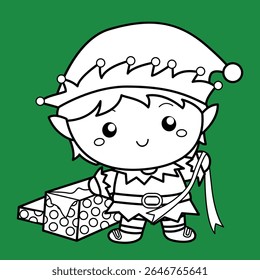 Cute Elf Character Christmas Kids Costume Cartoon Digital Stamp Outline