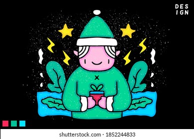 Cute elf character holding gift. Hand drawn holiday illustration in cartoon, doodle style for New Year and Christmas
