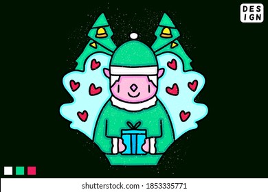 Cute elf character holding gift boxes. Hand drawn holiday illustration in cartoon, doodle style for New Year and Christmas