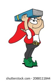 Cute elf character smiling on tiptoes and holding a book above his head. Cartoon hand drawn style vector illustration isolated on white background.