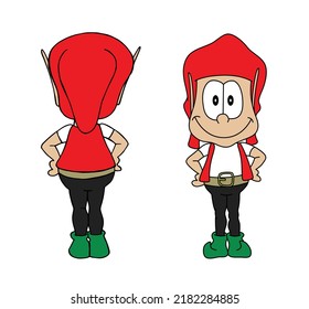 Cute elf character smiling standing with his hands on hips. Front and back view. Colorful cartoon style vector illustration isolated on white background.