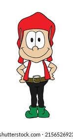 Cute elf character standing smiling and looking front with his hands on hips. Cartoon hand drawn style vector illustration isolated on white background.