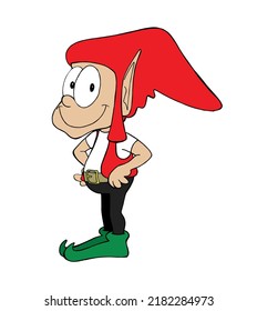 Cute elf character wearing a big red hat standing and smiling with his hands on hips. Colorful cartoon style vector illustration isolated on white background.