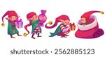 Cute elf characters with presents in festive poses - santa helpers wearing striped socks, green coats and long red hats decorate gifts, carry packages and hide inside giant bag. Cartoon holiday set.