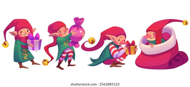 Cute elf characters with presents in festive poses - santa helpers wearing striped socks, green coats and long red hats decorate gifts, carry packages and hide inside giant bag. Cartoon holiday set.