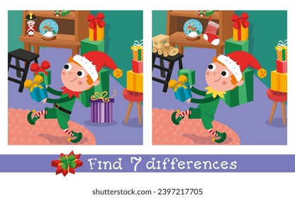 Cute elf in Christmas workshop. Find 7 differences. Educational puzzle game for children. Cartoon funny characters. Vector illustration for kids.