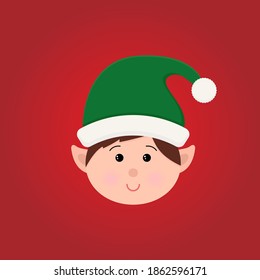 Cute elf face. Christmas illustration. Red background. Vector illustration.