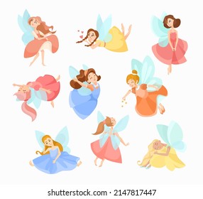 Cute elf or fairy cartoon characters vector illustrations set. Magical or mythical forest creatures in dresses with wings isolated on white background. Fantasy, fairytale concept